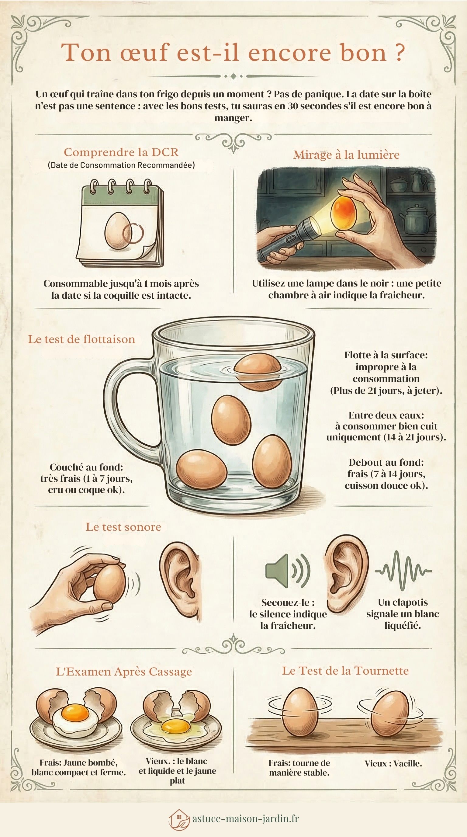 Infographie : 6 méthodes pour reconnaitre un oeuf frais, du test de flottaison au test sonore