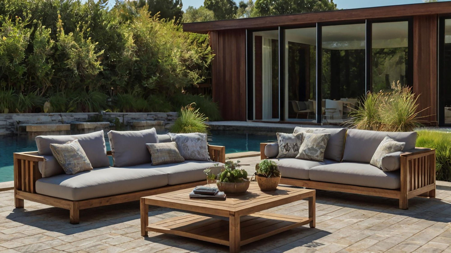 Une belle terrasse bien agencée avec un salon de jardin en bois au style moderne